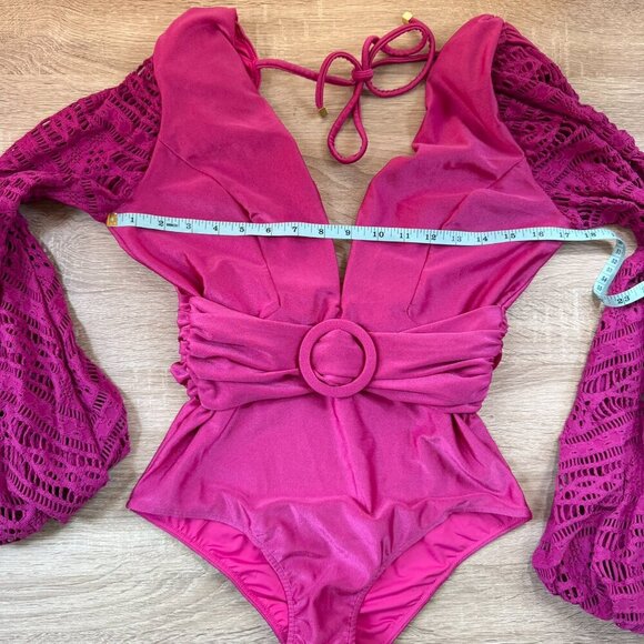 New PatBo Crochet Long Sleeve Plunge One Piece Swimsuit Swim V Neck Pink Magenta - Picture 8 of 15